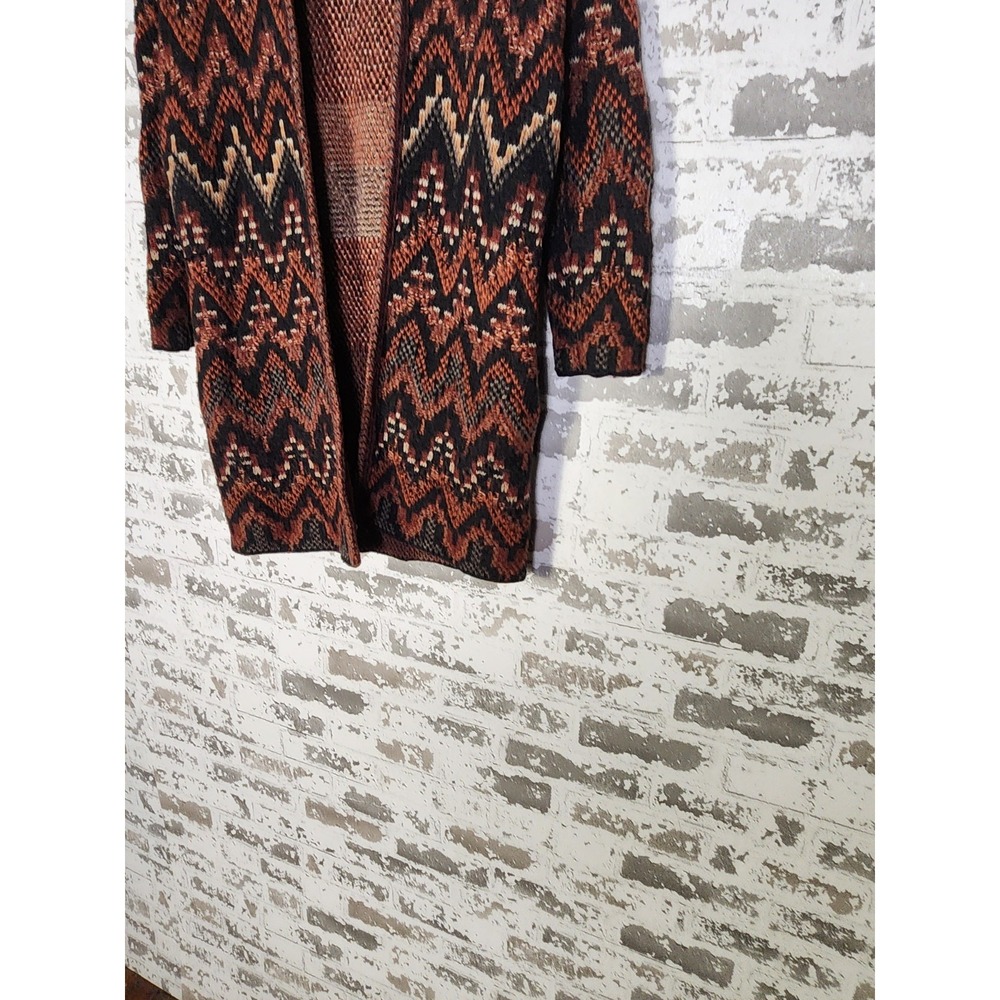 Lucky Brand Sweater Size XS Orange Black Wool Blend Aztec Long Cardigan Oversize - Picture 5 of 14